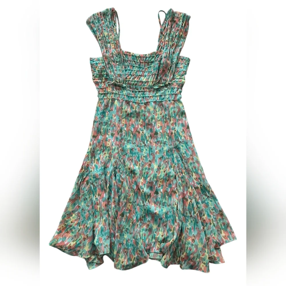 Watercolor Floral Smocked Asymmetrical Dress XS Green Boho Cottagecore Fairycore